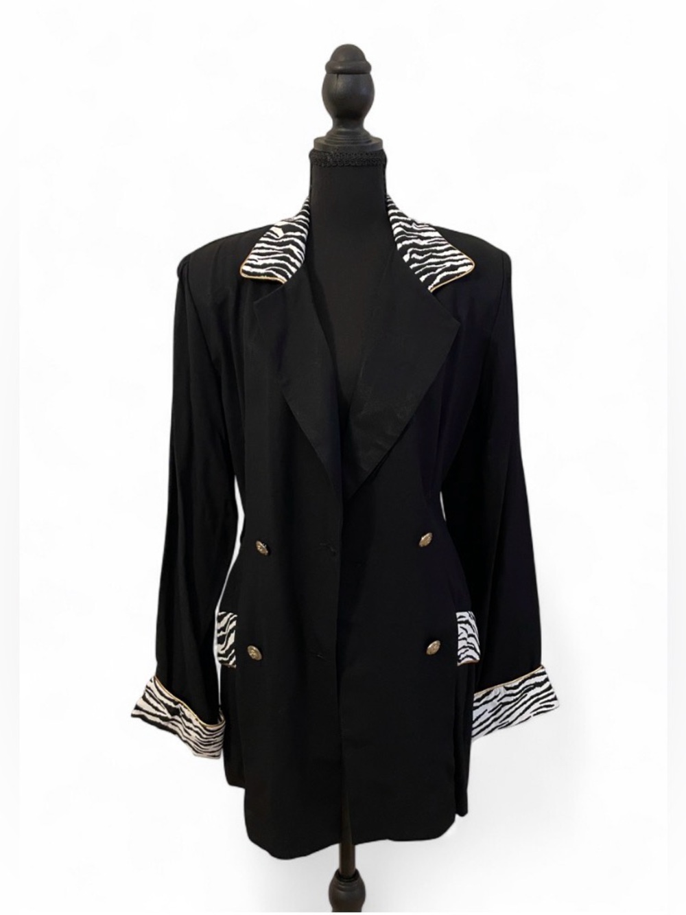 Vintage 90s Black Blazer Retro Zebra-Print Trim 1990s Jacket Glam Costume Chic L